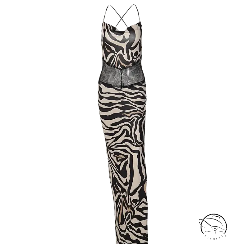 Brown zebra print backless sleeveless maxi dress with sheer midsection