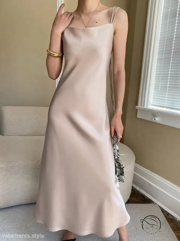 Budding green satin glossy cami dress with pale pink slip elegance