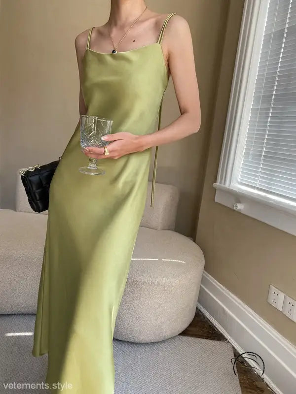 Budding green satin glossy cami dress with lime drape