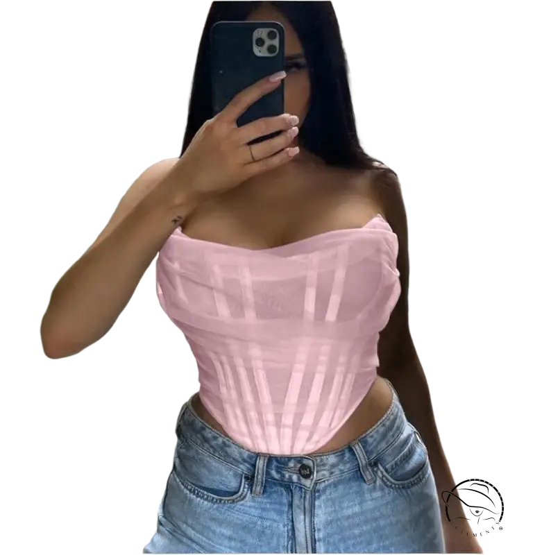 Burgundy short summer boning corset tube top in pink lace and tulle