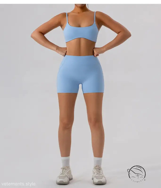 Light blue close fitting yoga shorts in comfy slim nylon