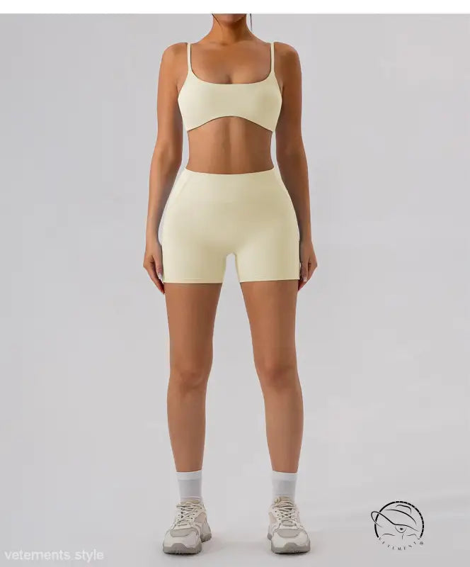 Burnt tea brown close fitting yoga shorts with matching bra