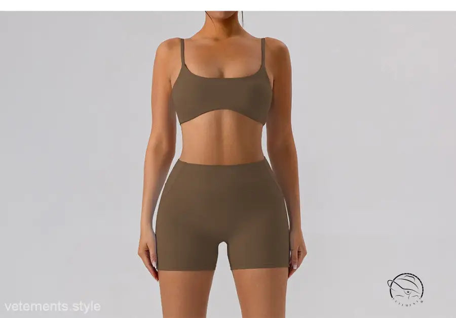 Burnt tea brown close fitting yoga shorts in sporty slim nylon set