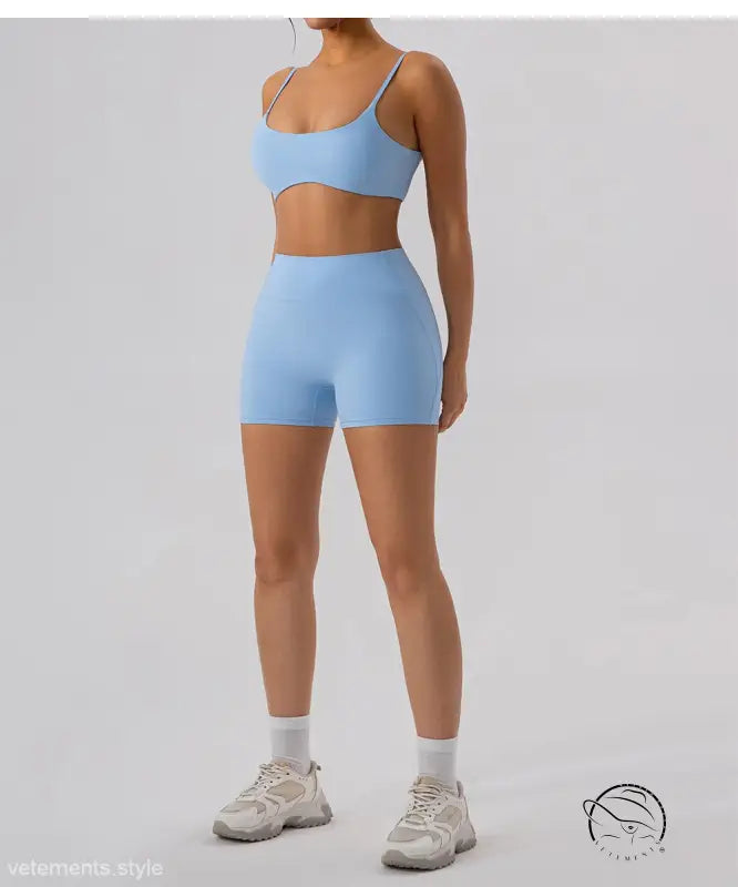 Light blue close fitting yoga shorts in comfy sporty slim nylon