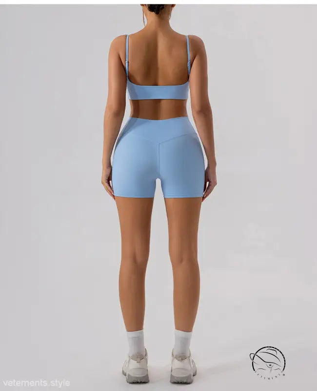 Light blue close fitting yoga shorts in comfy slim nylon