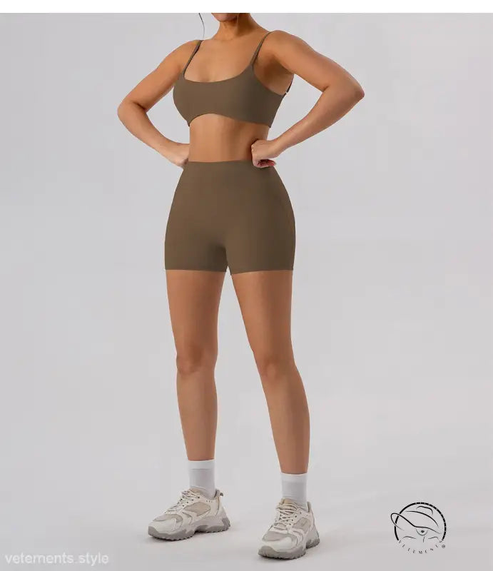 Burnt tea brown close fitting yoga shorts and athletic bra set