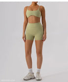 Light green athletic bra and shorts set from Burnt Tea Brown Sporty Nylon Close Fitting Yoga Outer Wear
