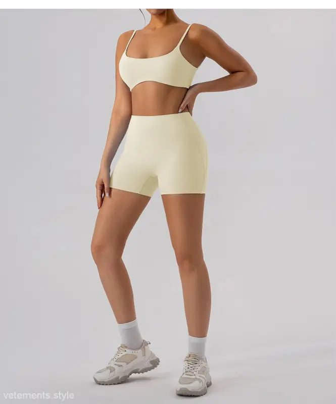 Matching burnt tea brown athletic bra and shorts set for close fitting yoga outer wear