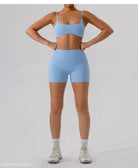 Light blue athletic set featured in Burnt Tea Brown Sporty Nylon Close Fitting Yoga Outer Wear