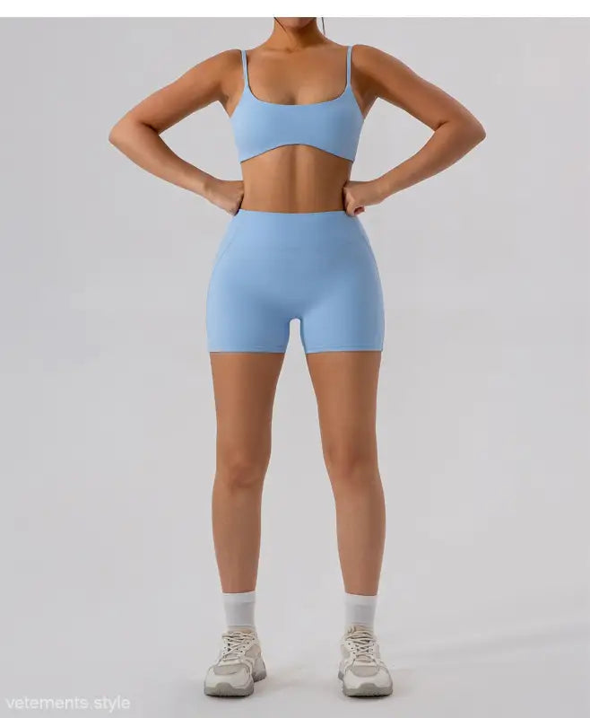 Light blue athletic set featured in Burnt Tea Brown Sporty Nylon Close Fitting Yoga Outer Wear