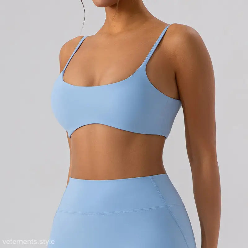 Light blue sports bra and leggings set from Burnt Tea Brown Close Fitting Yoga Outer Wear