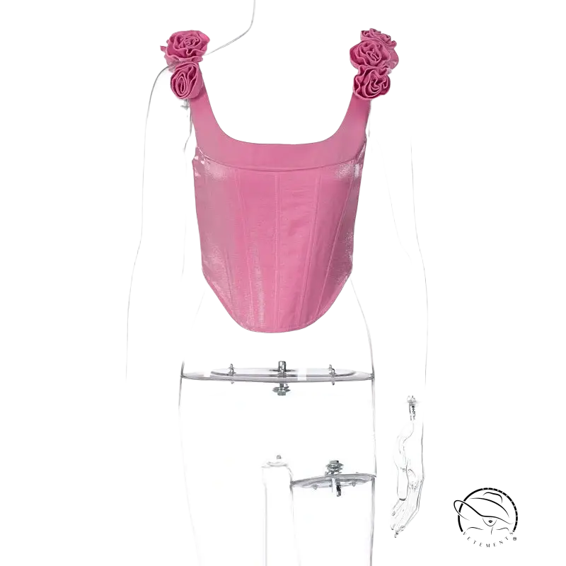 Pink boning corset top in candy pink with floral straps for slim waist