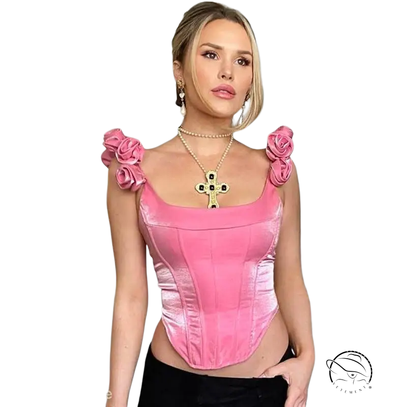 Woman in candy pink boning corset top slimming waist with rose embellishments