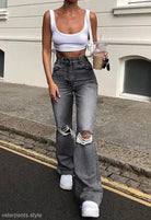 Ripped gray wide-leg jeans in Casual Bootcut Pants with high waist retro stretch slim fit
