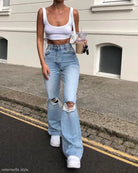 Ripped light-wash wide-leg jeans in retro stretch slim style for all seasons