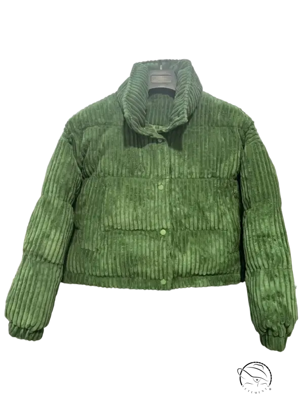 Green corduroy cotton coat with high collar and button closure for fall wear