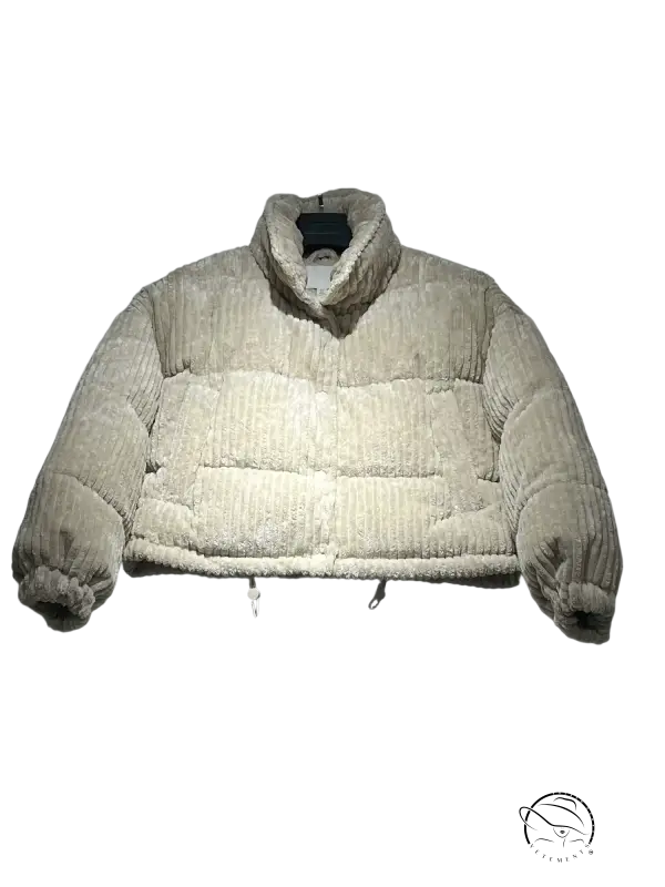 Cream-colored corduroy cotton coat with plush high collar and ribbed cuffs