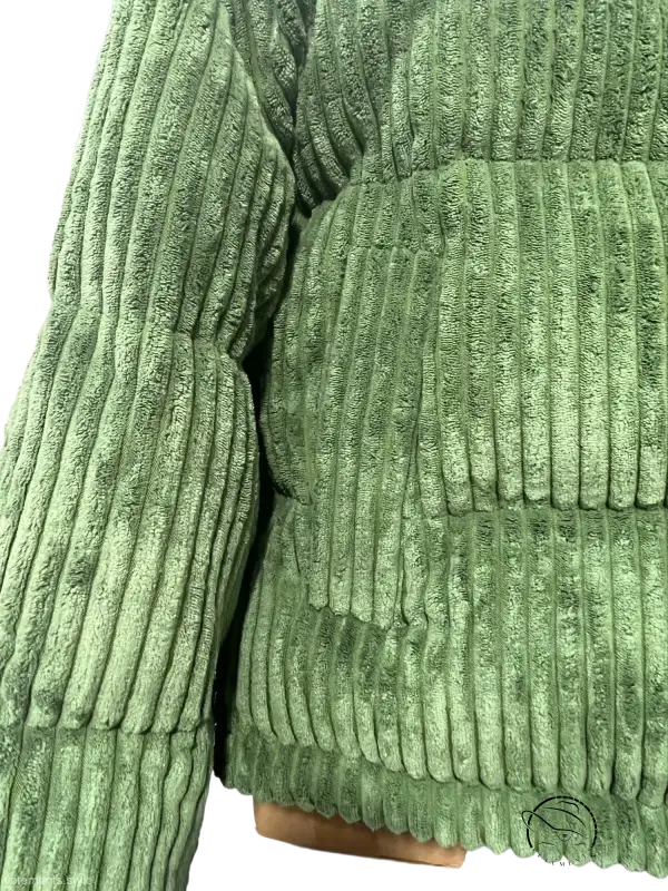 Cozy olive-green corduroy cotton coat with plush ribbed puffer texture