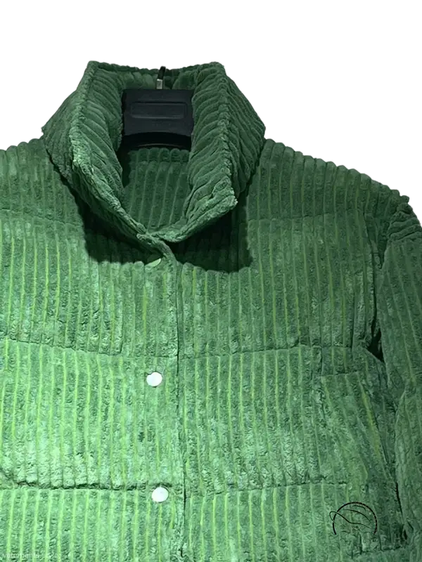 Forest green corduroy cotton coat with high collar and white buttons