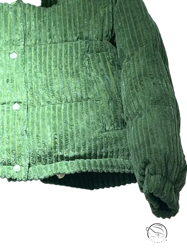 Cozy green corduroy cotton coat with white buttons and quilted design