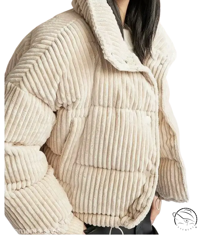 Cream-colored corduroy cotton coat with plush ribbed puffer texture
