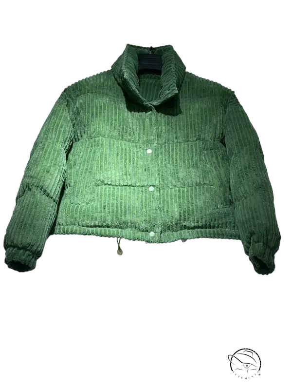 Green corduroy cotton coat with high collar and button closures