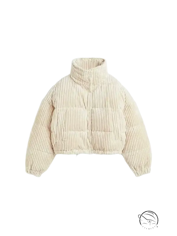 Beige corduroy cotton coat with high collar and ribbed cuffs