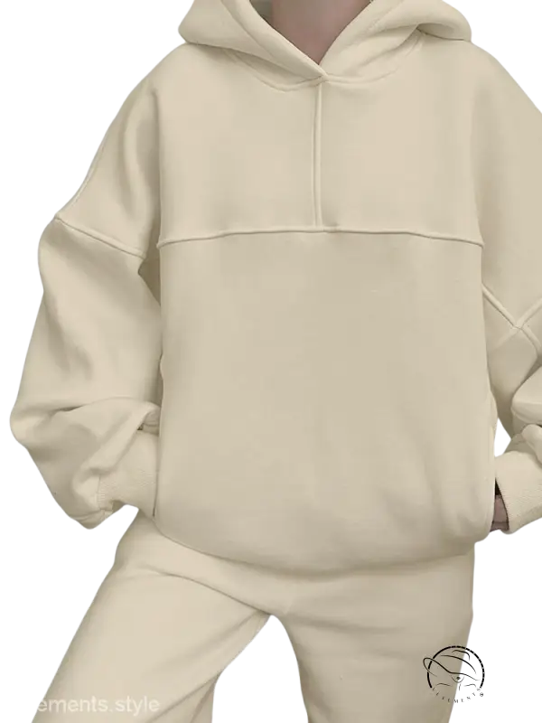 Cream-colored hooded sweatshirt in casual comfy sweaters two-piece winter solid color set
