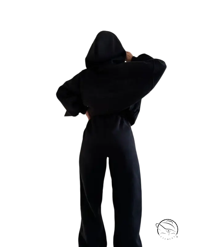 Person in casual comfy sweaters two piece winter solid color set, back view