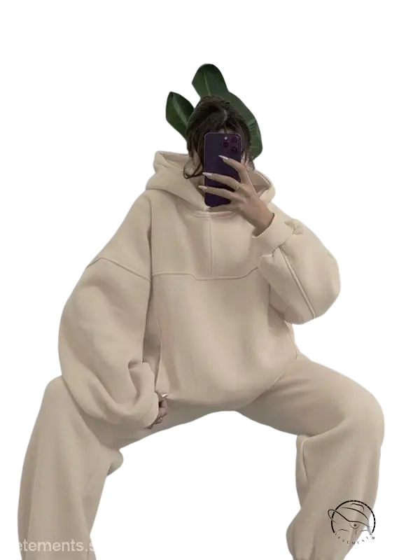 Casual comfy two-piece winter solid color sweater set in cream mirror selfie