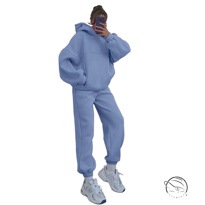 Light blue casual comfy sweaters two-piece winter solid color set with white sneakers