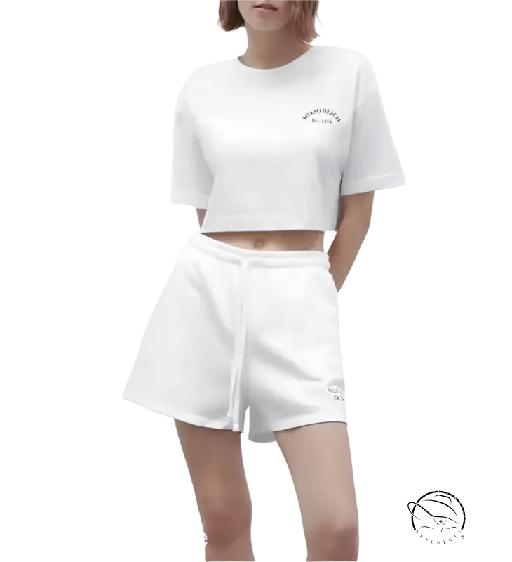 White crop top and Palo Alto set with text flock shorts