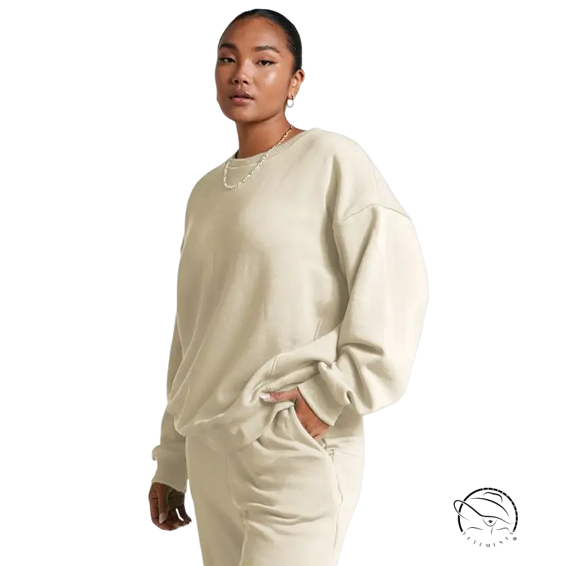 Cream-colored long sleeve sweater from Casual Cozies Two-Piece casual trousers suit