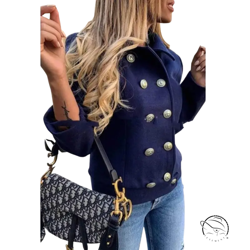 Navy blue double breasted jacket with metallic buttons and loose fit for fall