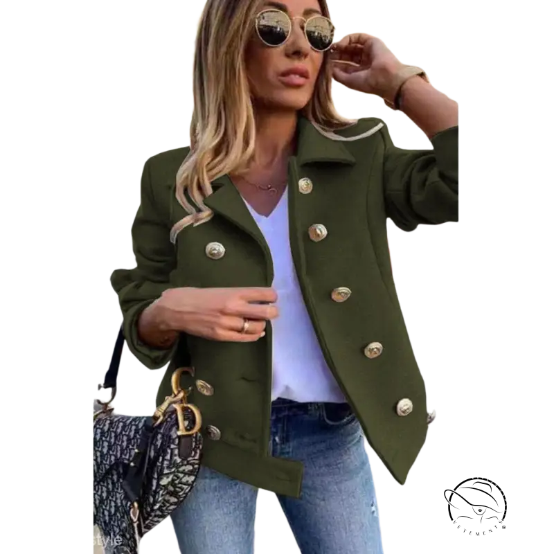 Stylish olive green double breasted jacket with gold buttons for fall winter