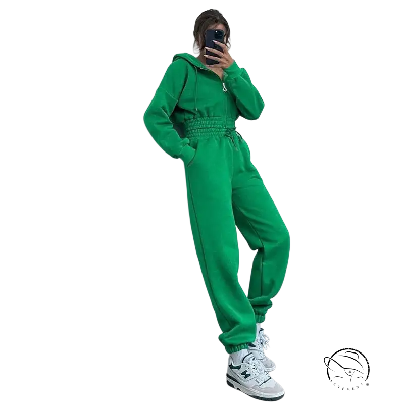 Bright green casual exercise suit with hooded zipper hoodie and pants