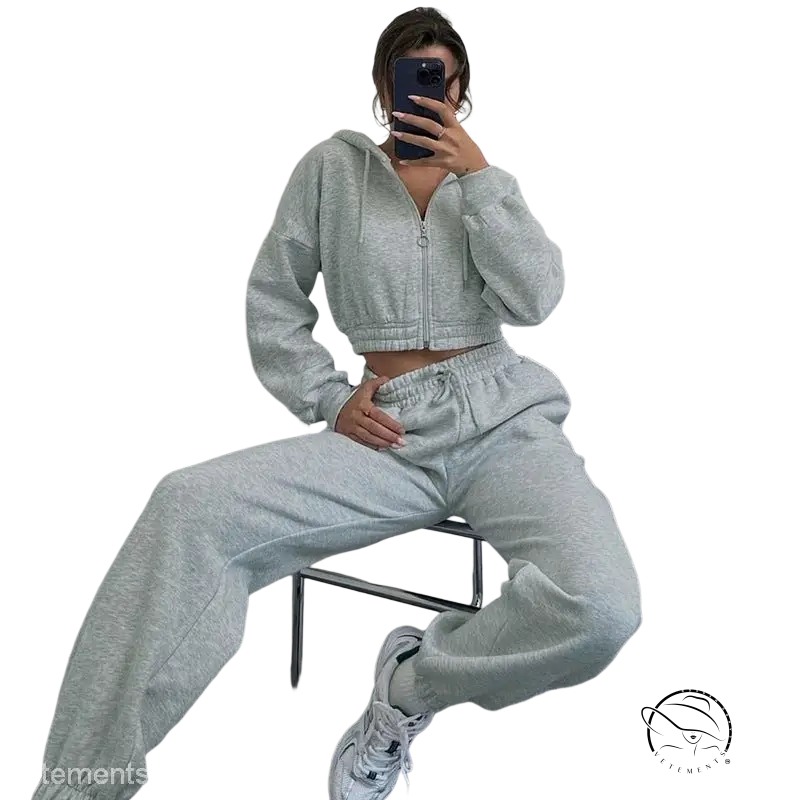 Light gray casual exercise suit with hooded zipper hoodie and pants