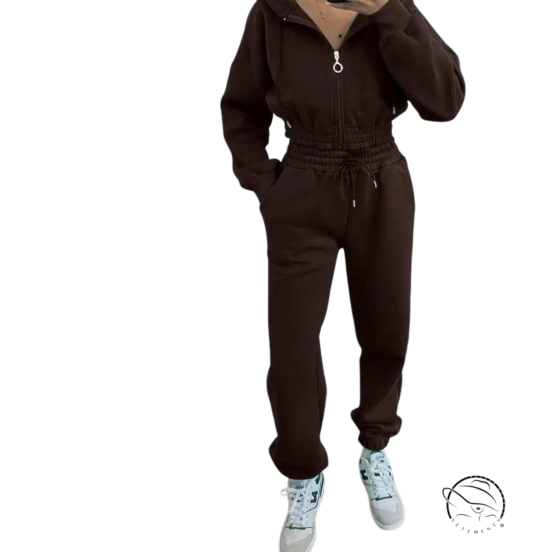 Brown casual exercise suit with hooded zipper waist and white sneakers