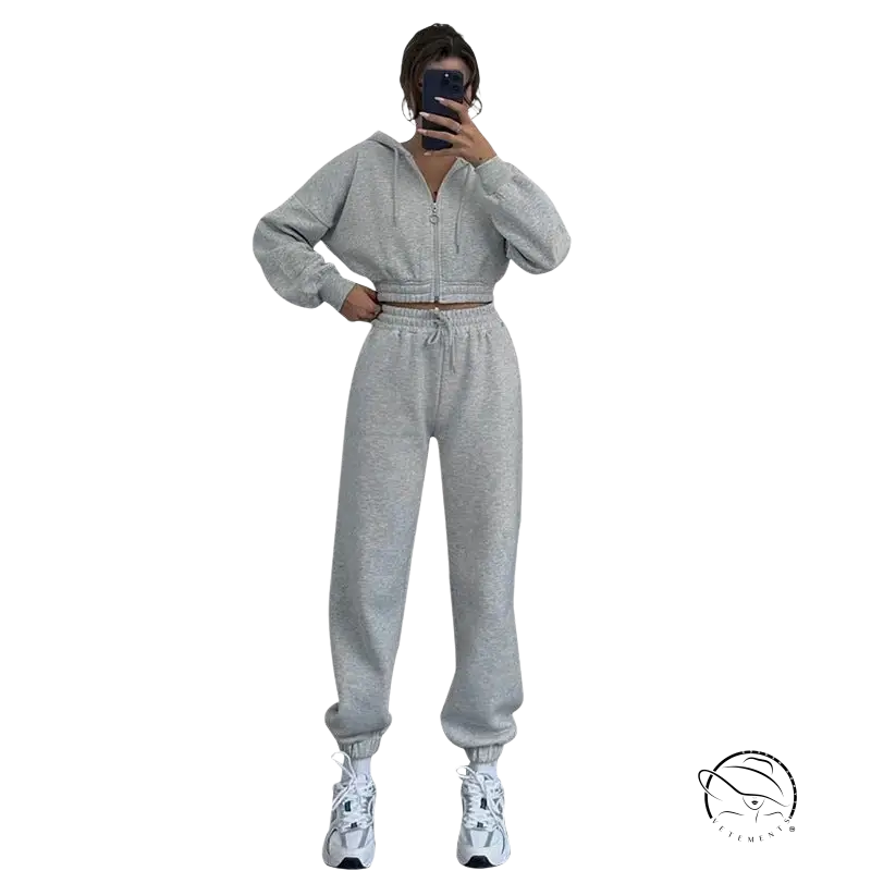 Gray casual exercise suit with hooded zipper and cropped hoodie