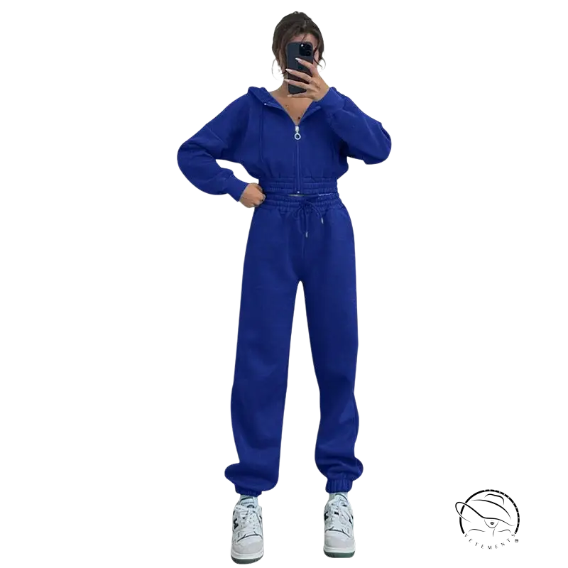 Bright blue hooded zipper casual exercise suit with pants and sneakers
