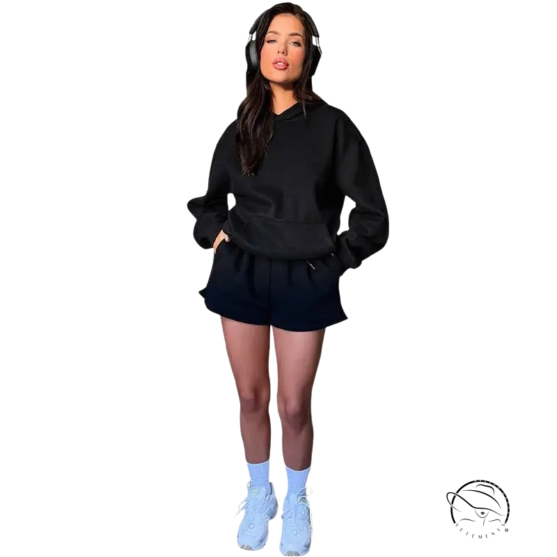 Black casual fit sweaters two piece: long sleeved hooded sweater with pockets