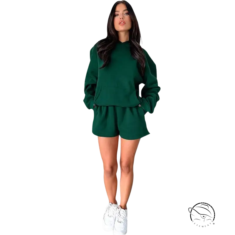 Dark green cozy long sleeved hooded sweater with pockets and matching shorts