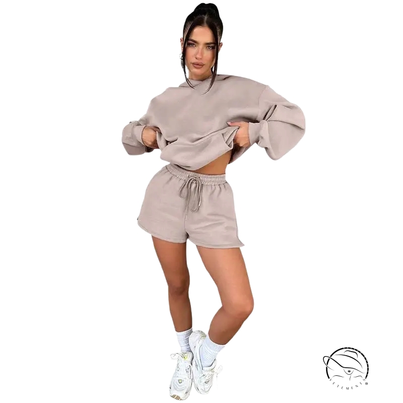 Beige casual fit long sleeved hooded sweater two piece set