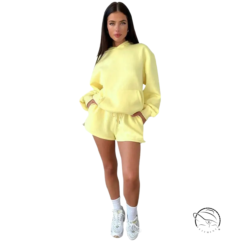 Yellow casual fit long sleeved hooded sweater with pockets and matching shorts