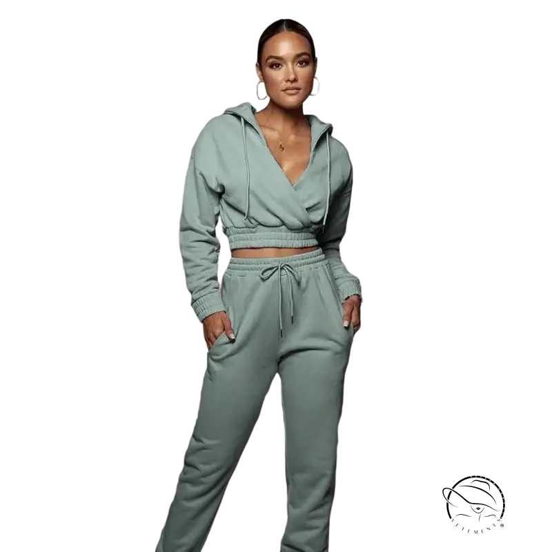 Casual hooded open v sweater with sage green ankle tied trousers