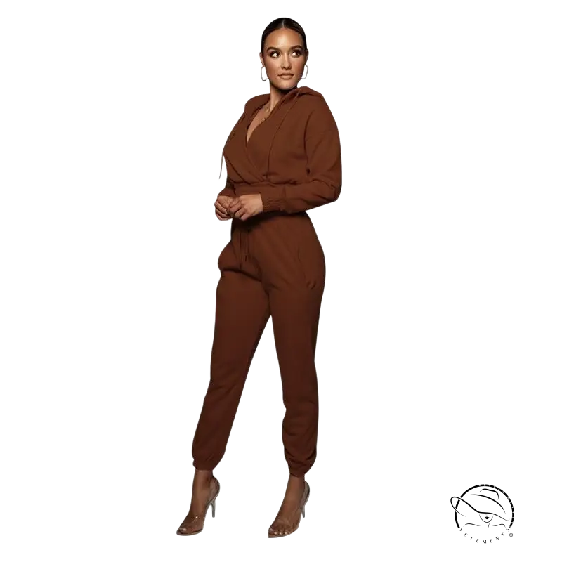 Brown hooded open v sweater with ankle tied trousers