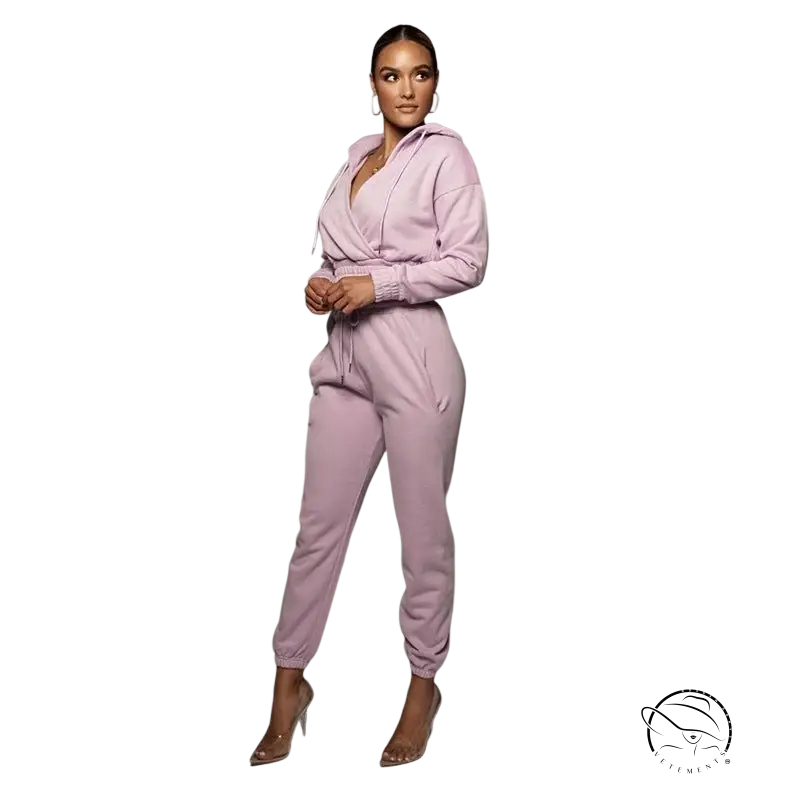 Casual hooded open lavender jumpsuit with ankle tied trousers