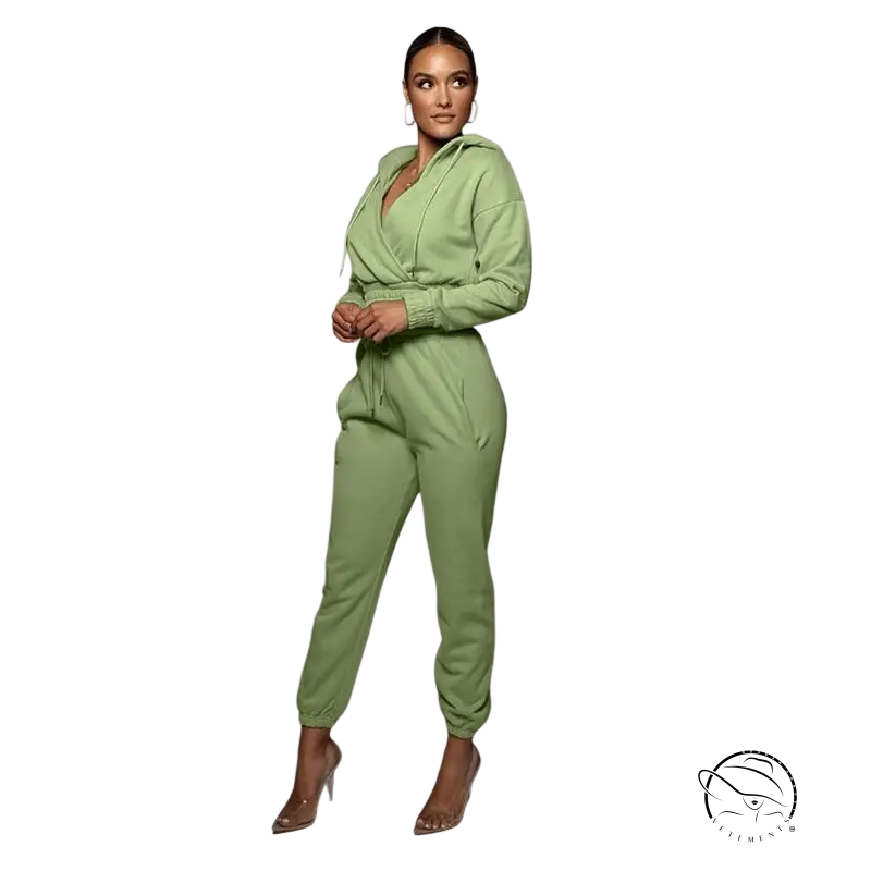 Casual hooded open mint green jumpsuit with ankle tied trousers