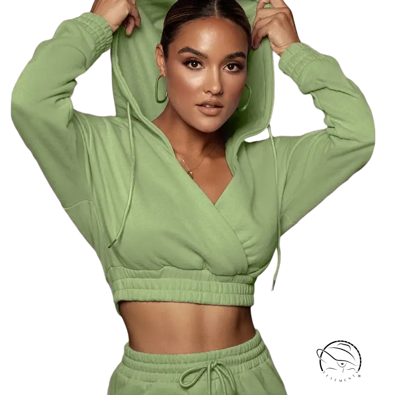 Mint green casual hooded open v sweater with ankle tied trousers