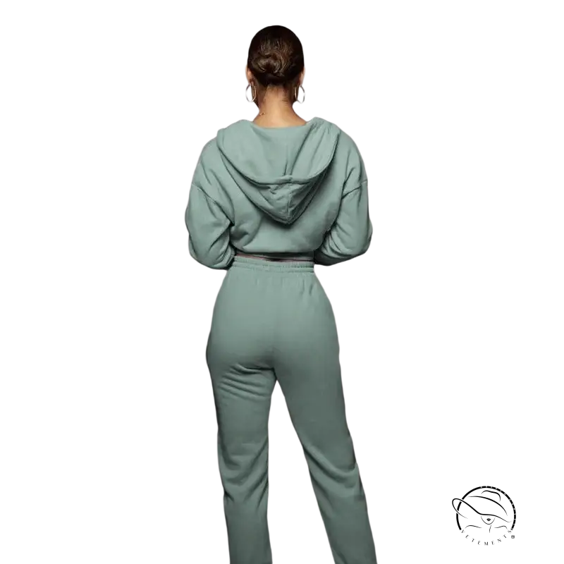 Soft mint green casual hooded open v sweater with ankle tied trousers set